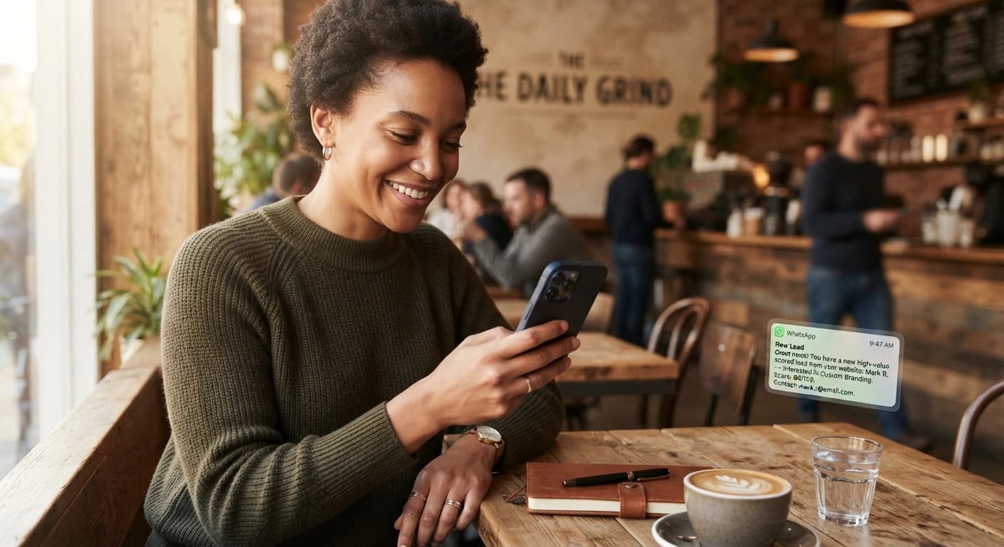 A small business owner checking her phone at a cafe table