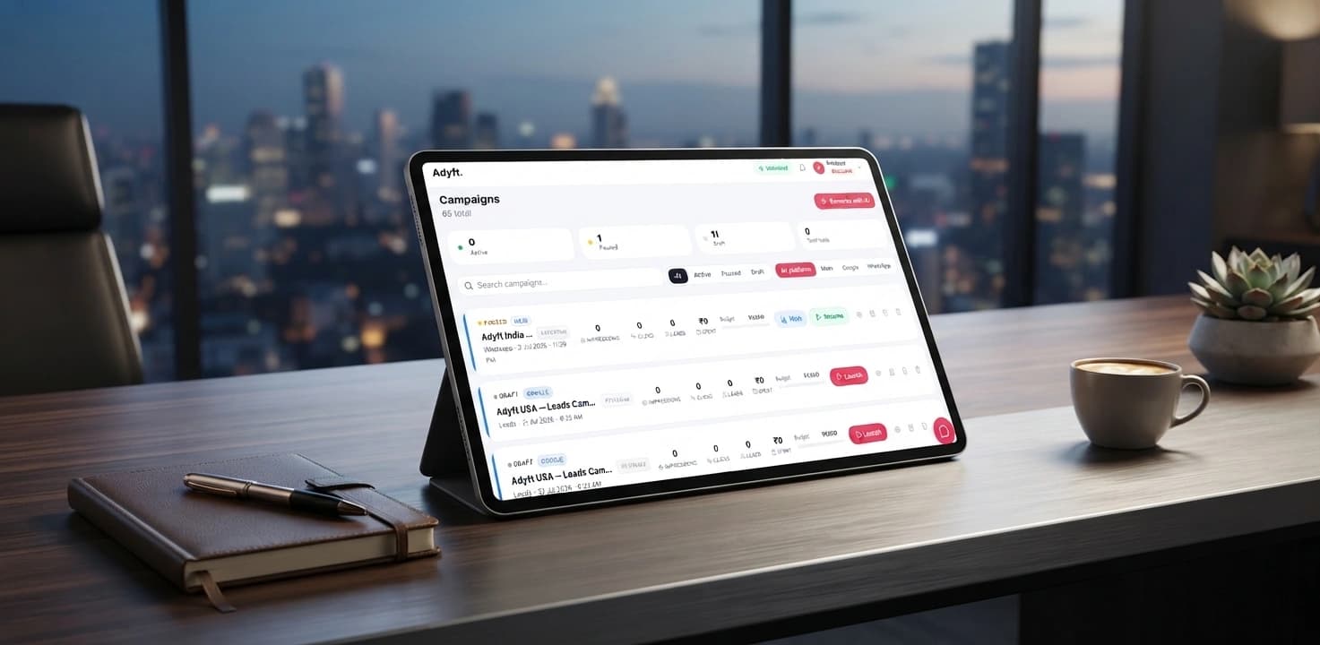 A real product screenshot composited onto a tablet on a desk with a city skyline behind it