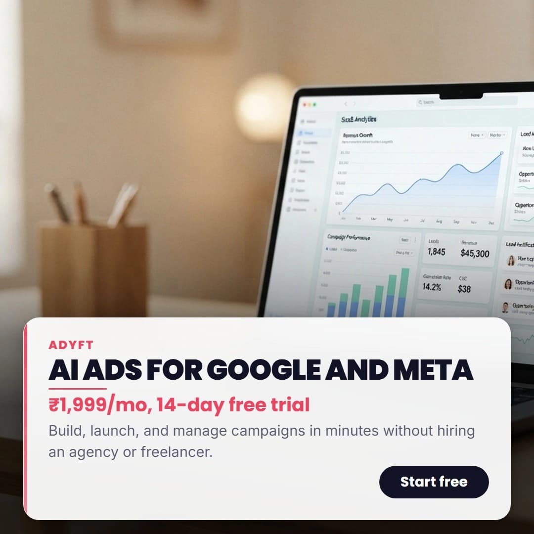 Generated ad image: a laptop showing a campaign dashboard, headline "AI ads for Google and Meta"