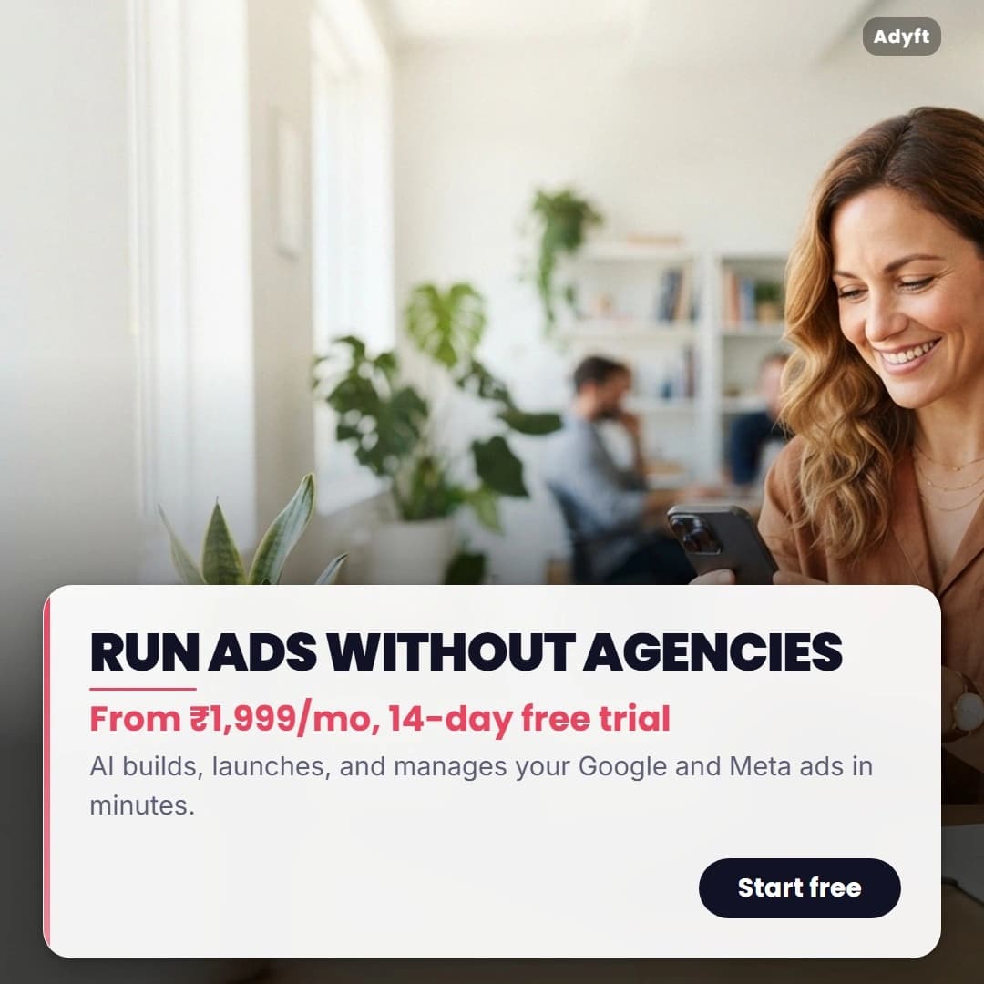 Generated ad image: a business owner checking her phone, headline "Run ads without agencies"