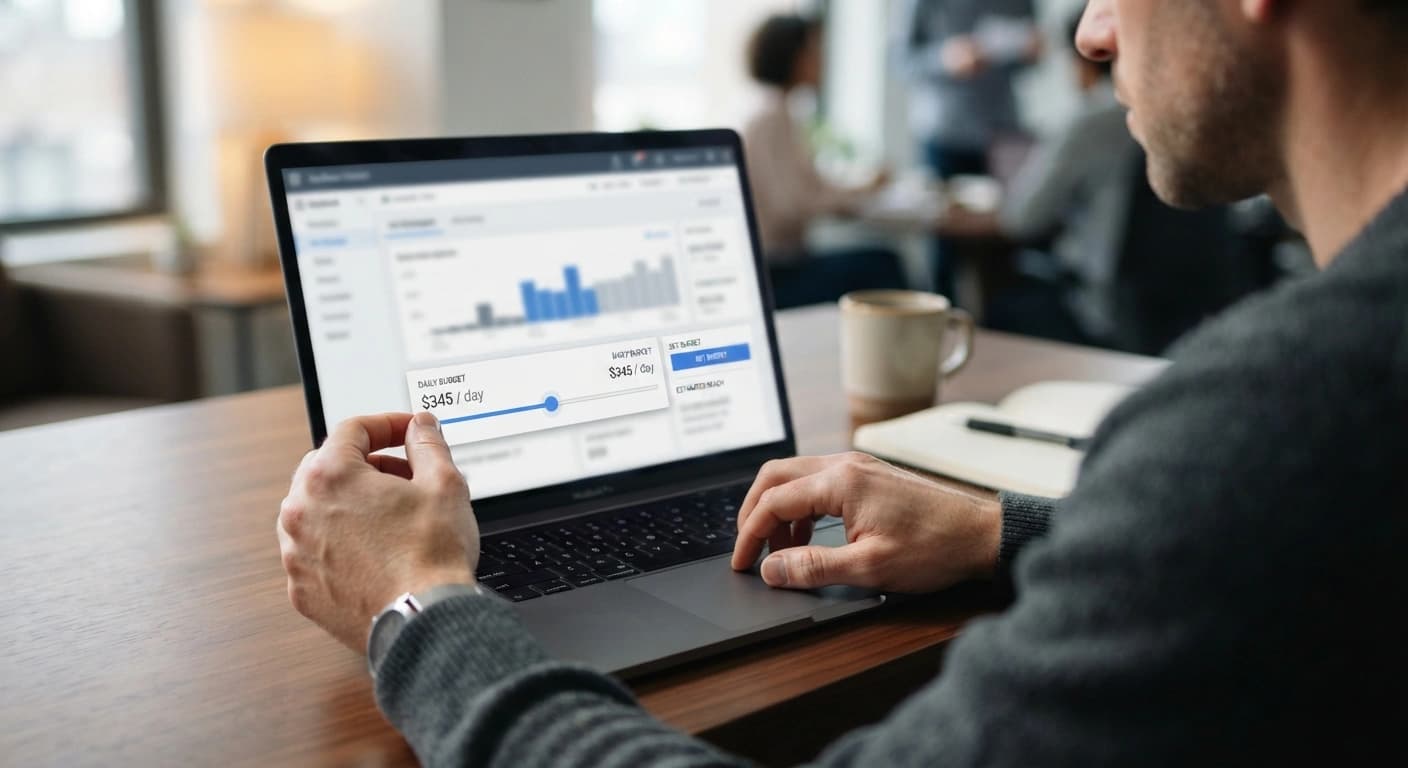 Close-up over-the-shoulder shot of hands setting a daily ad budget on a laptop