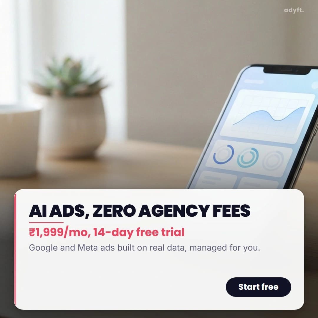 Generated ad image: a phone on a desk showing campaign metrics, headline "AI ads, zero agency fees"