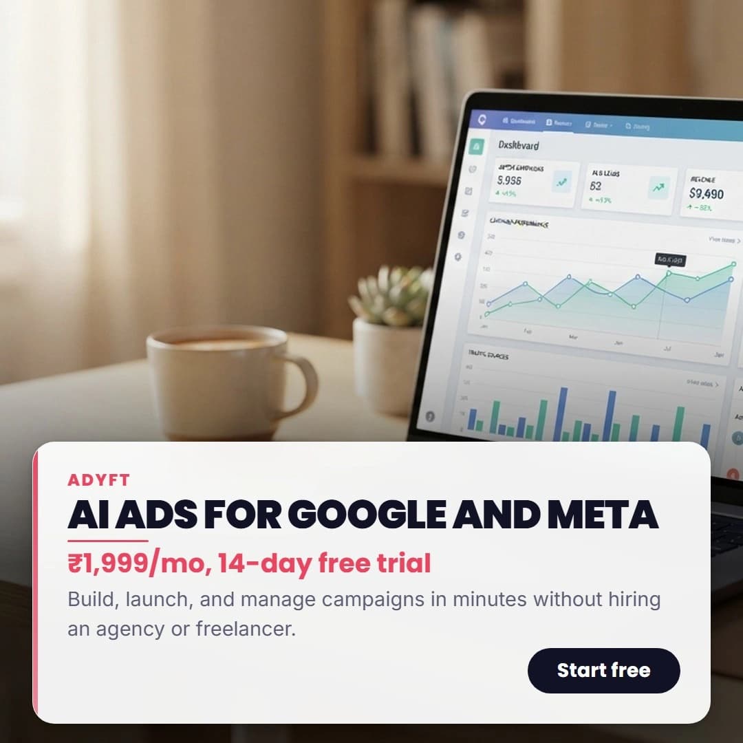 Generated ad image: a laptop and coffee on a desk, headline "AI ads for Google and Meta"