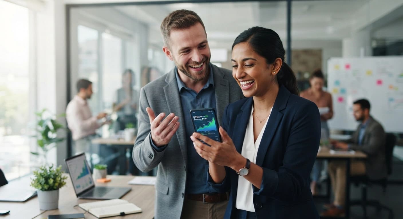 Two business partners smiling while looking at a phone showing a rising sales graph