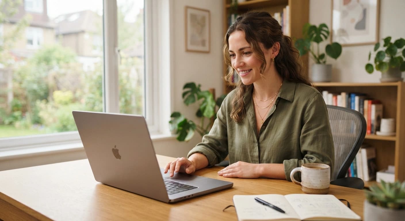An entrepreneur working at a laptop in a bright home office