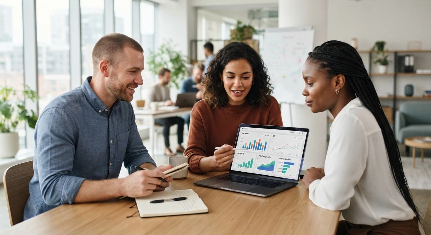 A small marketing agency team of three reviewing ad performance around a laptop