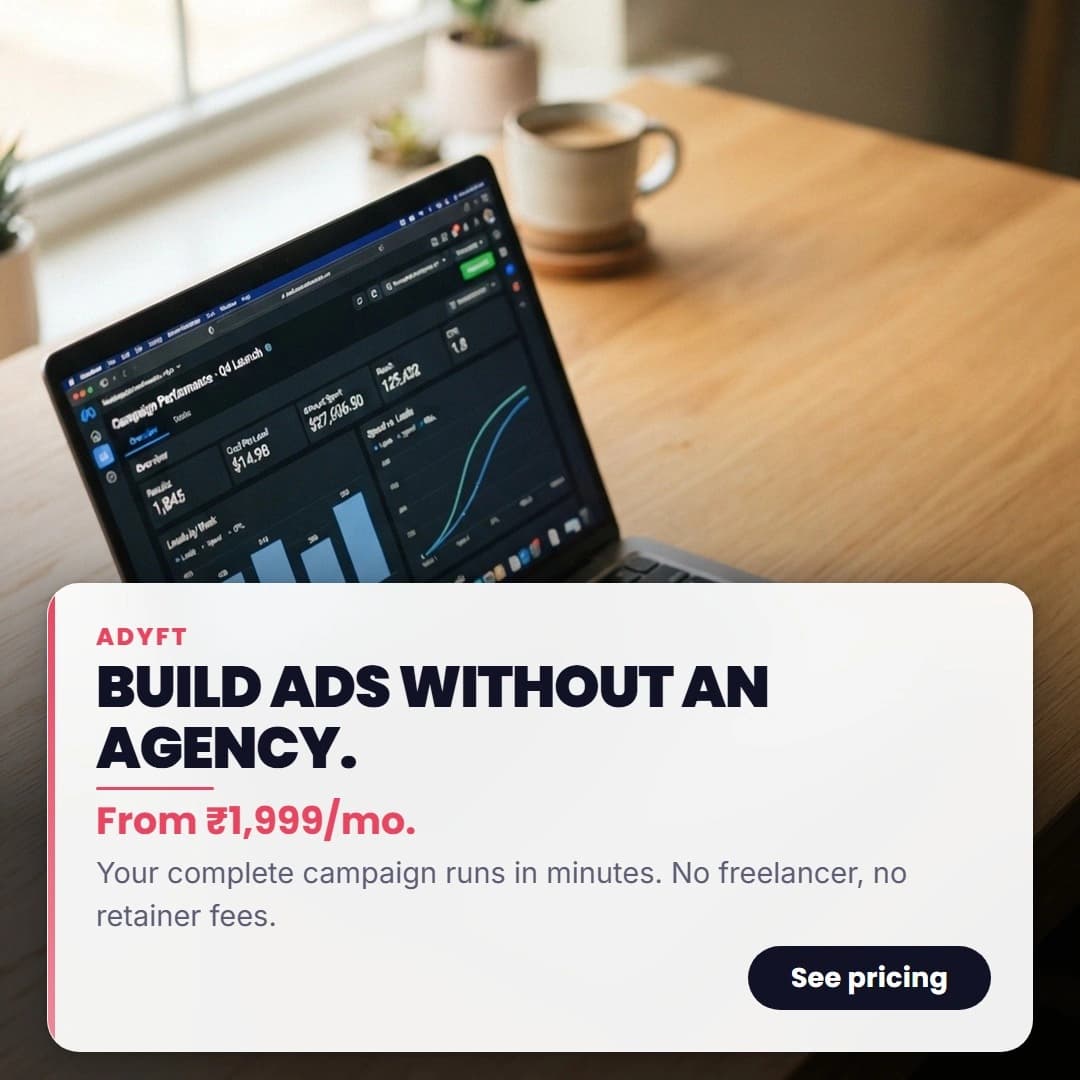 Generated ad: a laptop showing campaign performance, headline "Build ads without an agency"