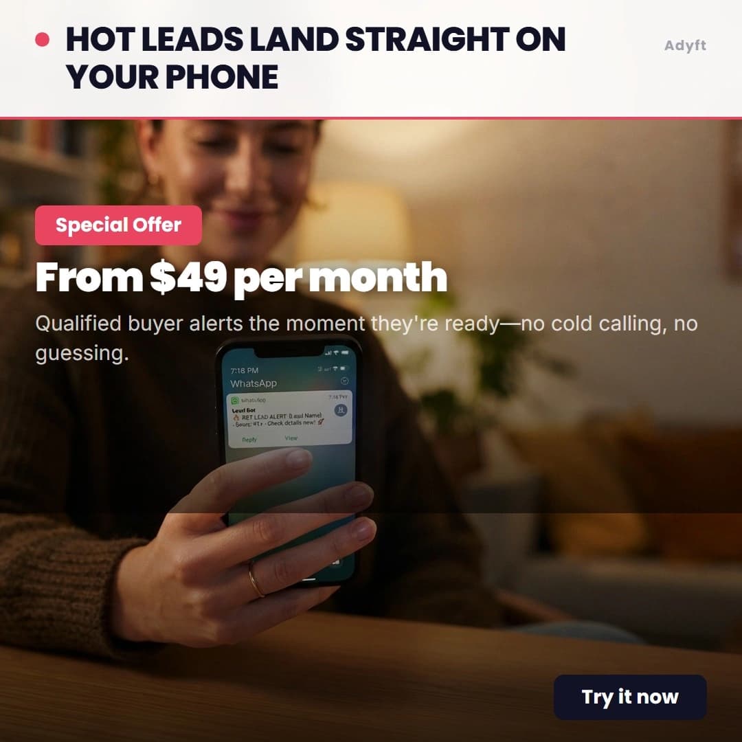 Generated ad with a headline banner across the top: "Hot leads land straight on your phone", with a Special Offer badge and $49 per month