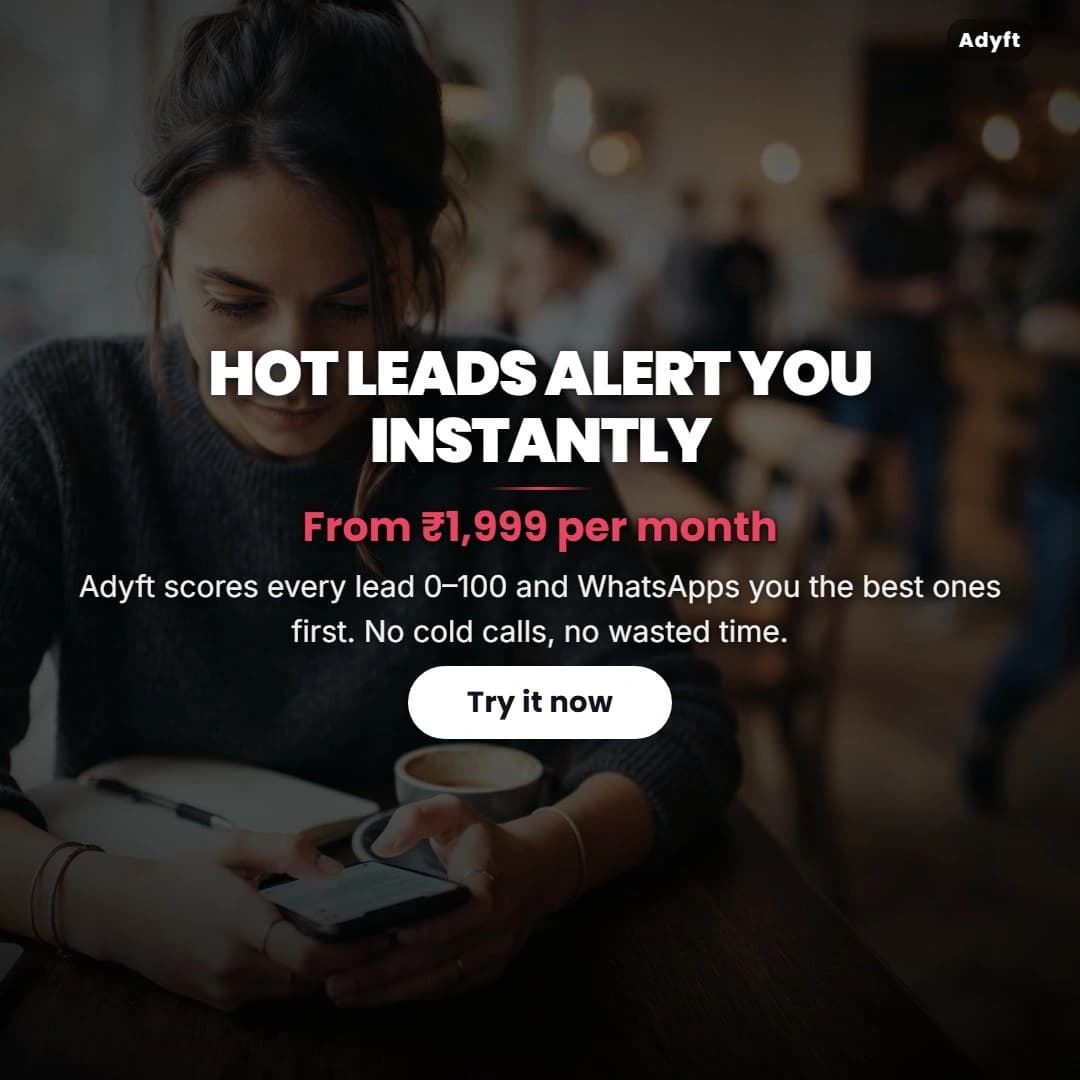 Generated ad: a woman checking her phone at a cafe, headline "Hot leads alert you instantly", priced from ₹1,999 per month