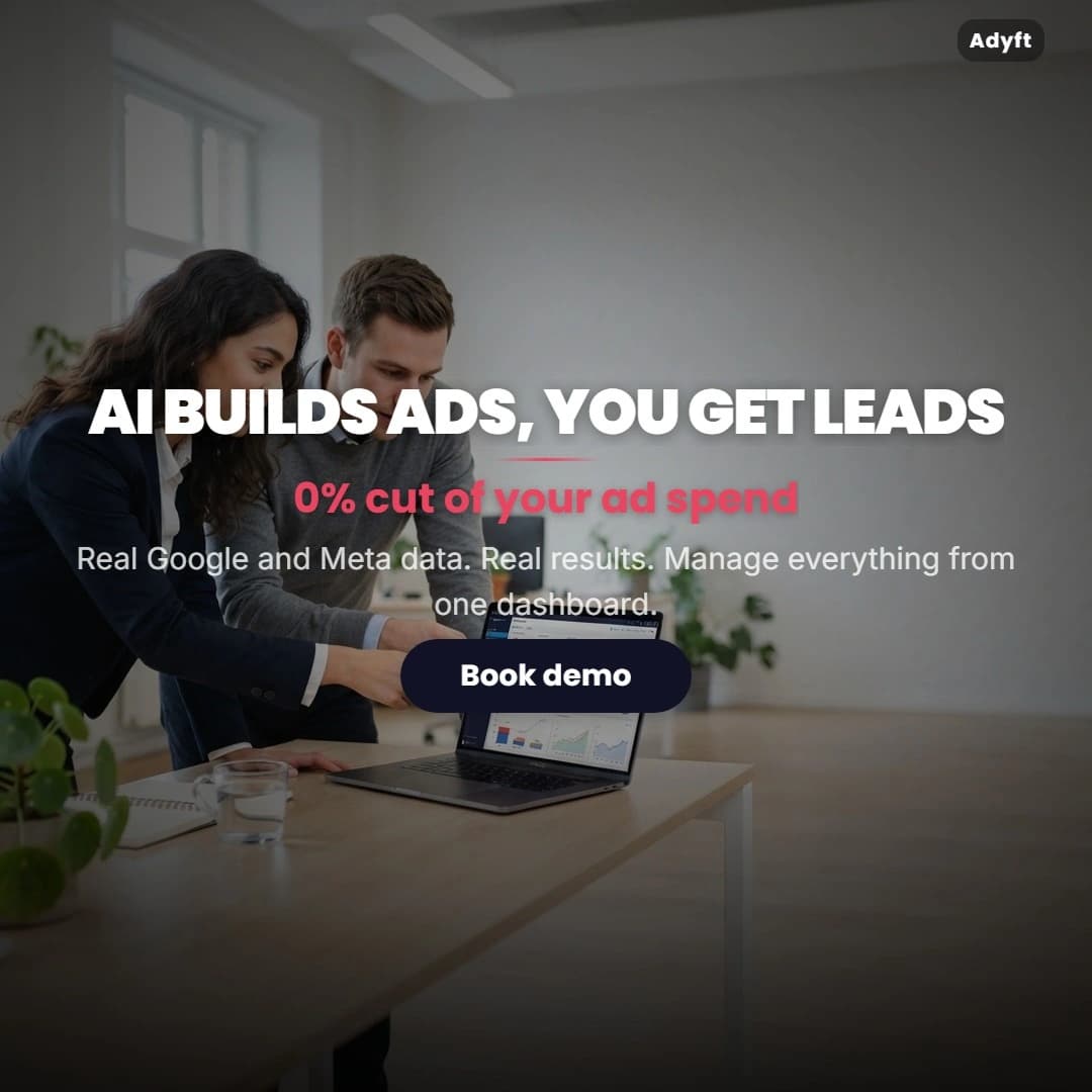 Generated ad: two colleagues reviewing results on a laptop, headline "AI builds ads, you get leads"