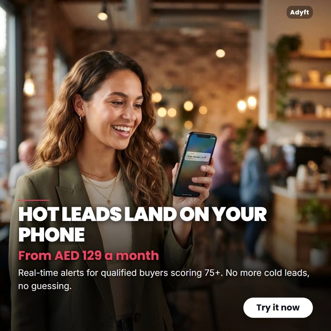 Generated ad: a smiling woman with her phone in a busy cafe, headline "Hot leads land on your phone", priced from AED 129 a month