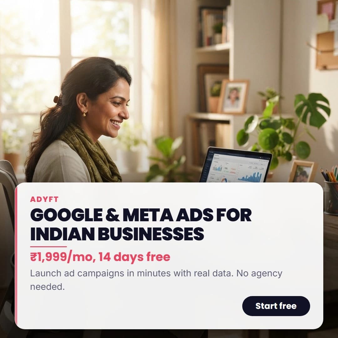 Generated ad: a business owner at a desk, headline "Google & Meta ads for Indian businesses"