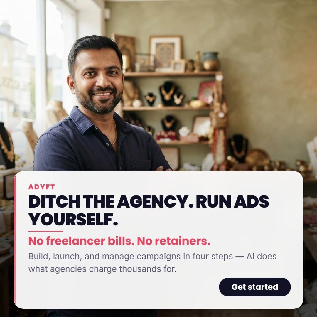 Generated ad: a shop owner in his jewellery store, headline "Ditch the agency. Run ads yourself."