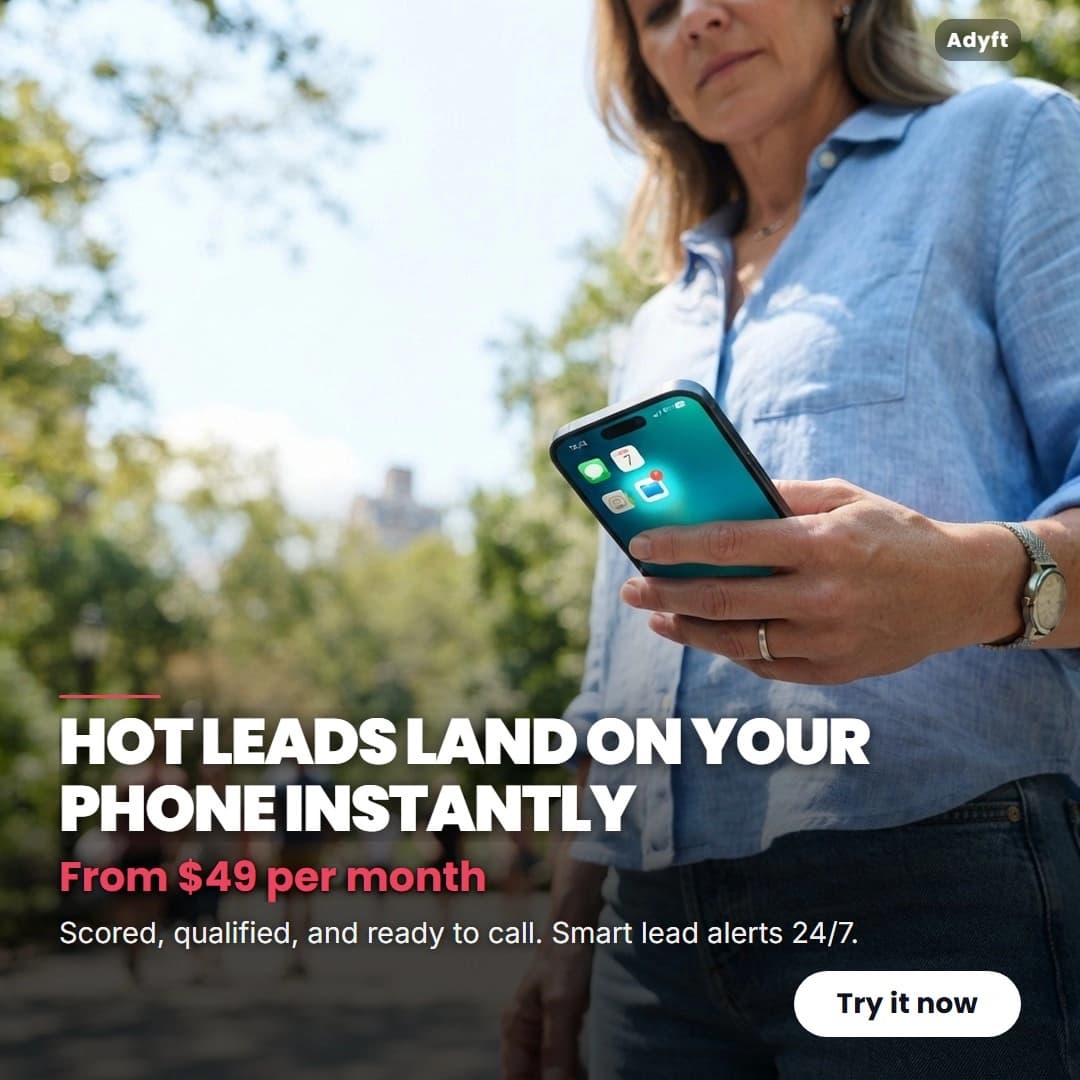 Generated ad: a woman holding her phone on a tree-lined street, headline "Hot leads land on your phone instantly", priced from $49 per month